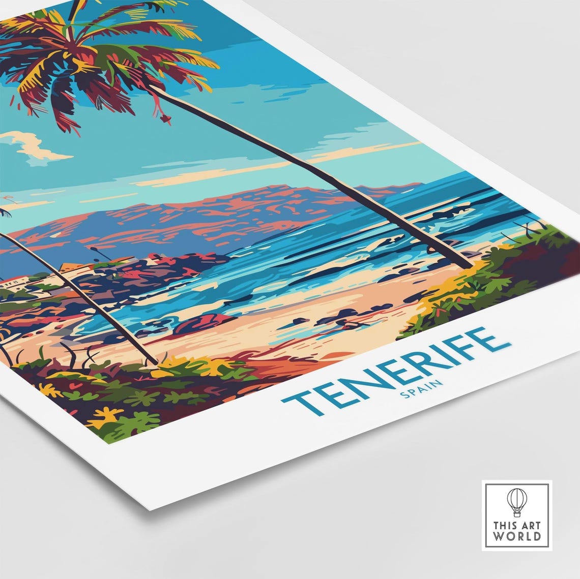 Tenerife Spain Leaning Palms Beach Mountain Backdrop Art Poster - Image 4