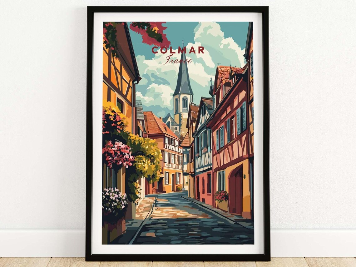 Colmar France Half Timbered Old Town Street Church Travel Poster