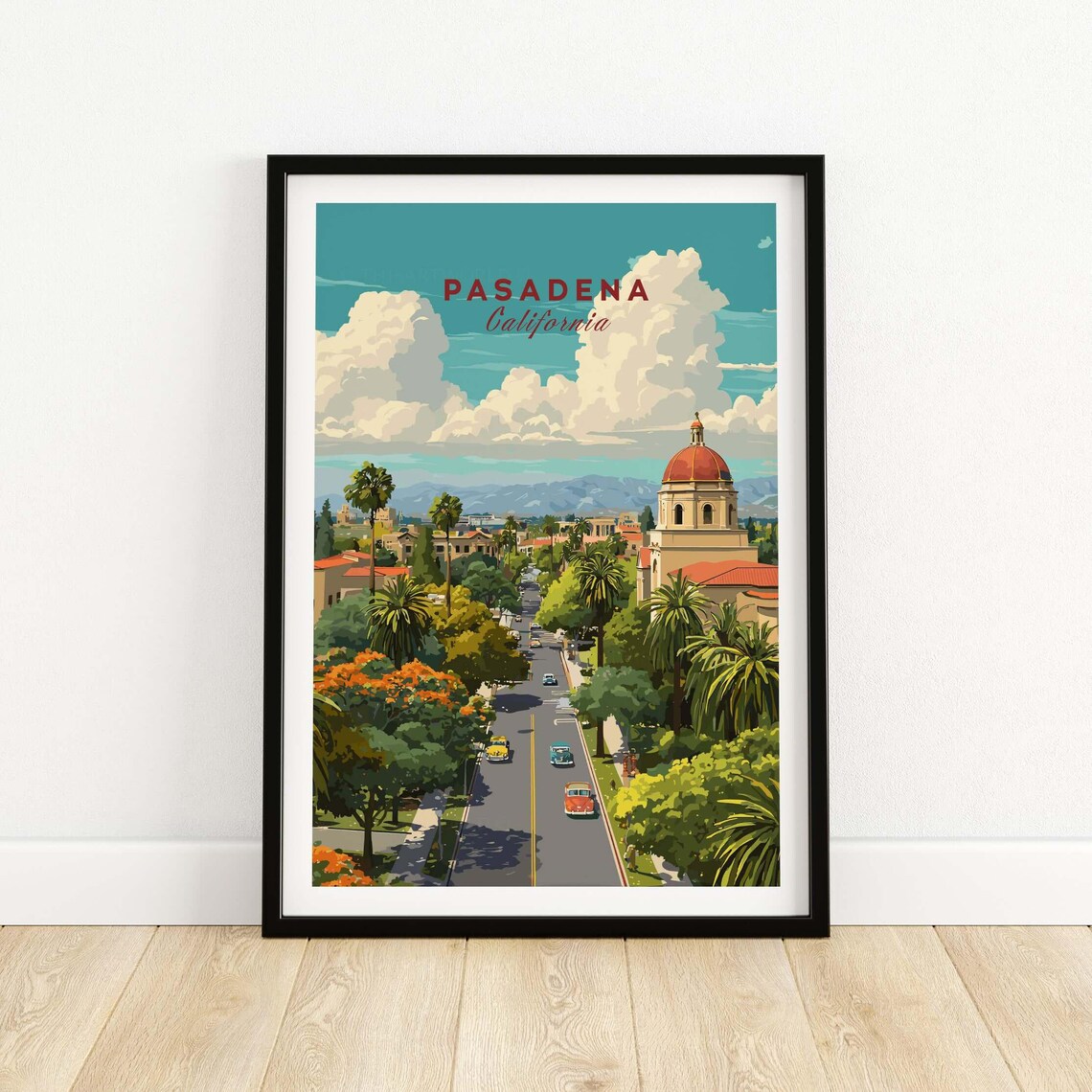 Pasadena California City Street Palm Trees Vintage Travel Poster