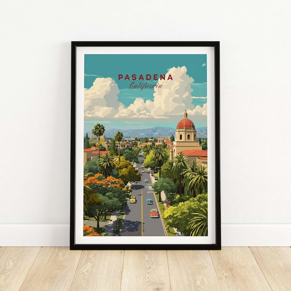 Pasadena California City Street Palm Trees Vintage Travel Poster