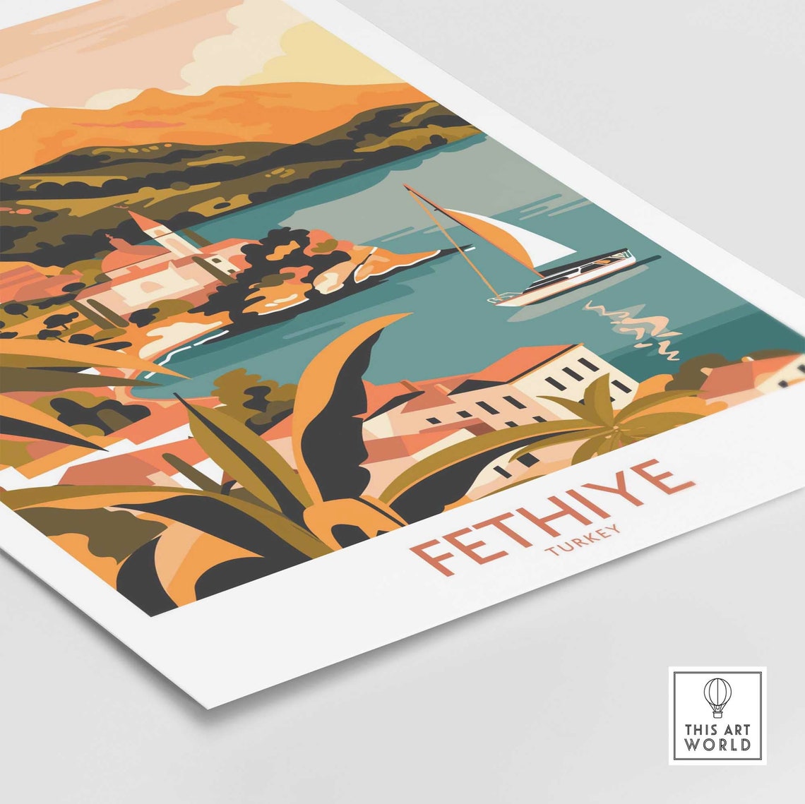 Fethiye Turkey Sunset Sailboat Bay Palm Leaves Coastal Poster - Image 4
