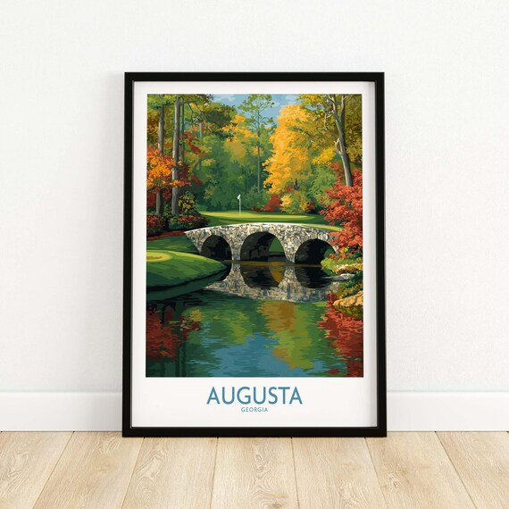 Augusta Georgia Golf Course Stone Bridge Over Water Travel Poster