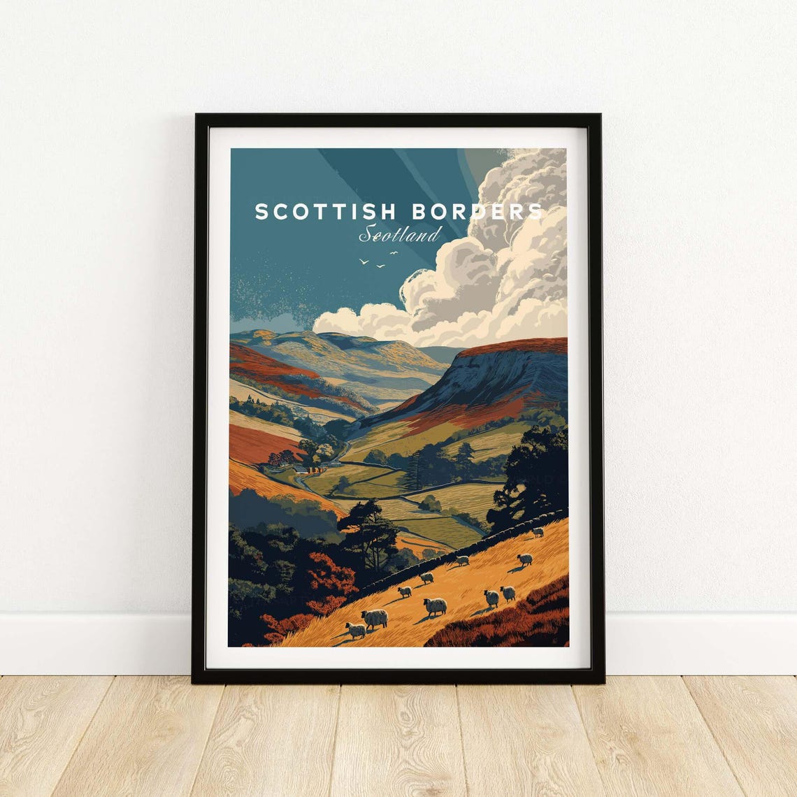 Scottish Borders Sheep Grazing Hillside Vintage Landscape Poster
