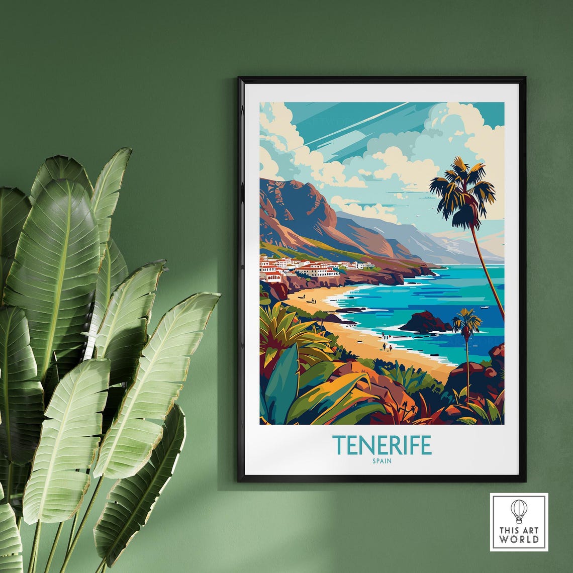 Retro Tenerife Spain Beach Cove Palm Volcanic Coastline Poster - Image 2
