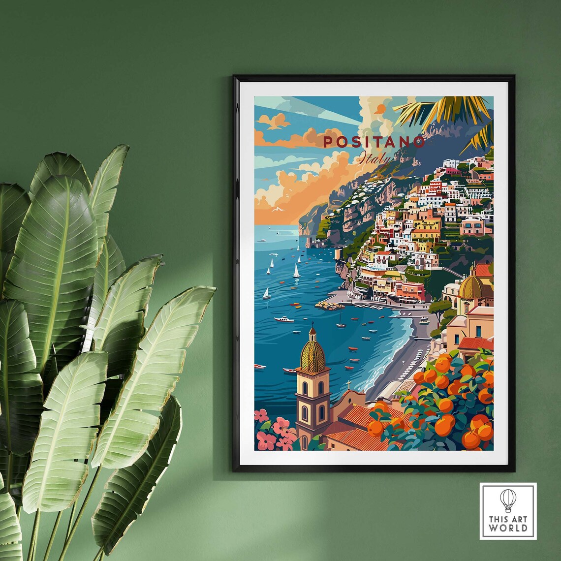 Positano Italy Amalfi Coast Cliff Town Sailboats Sunset Poster - Image 2