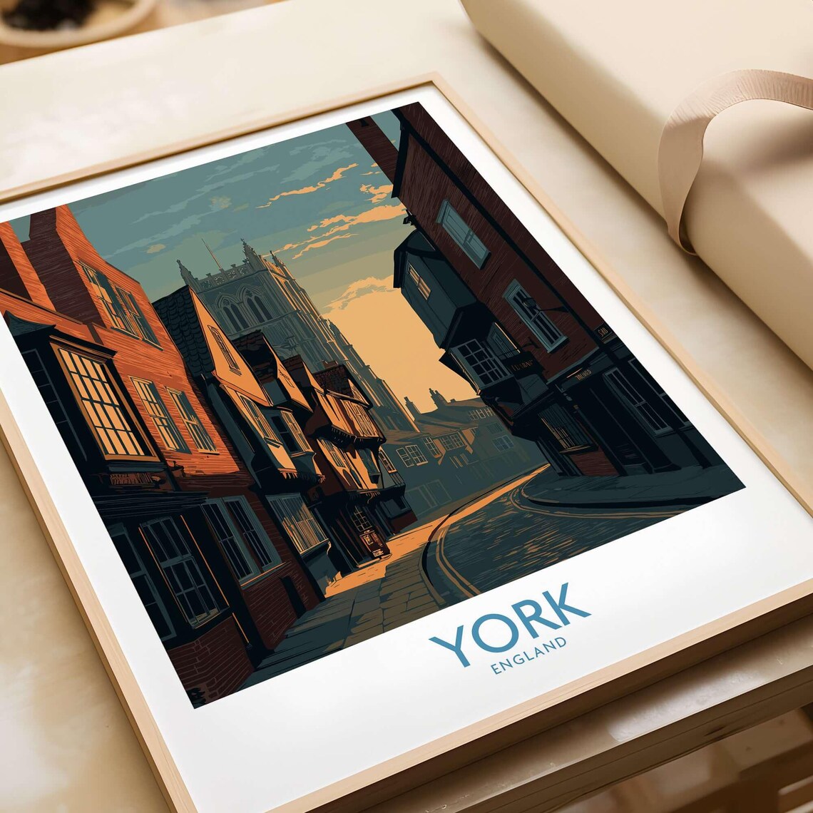 York England Minster Dusk Historic Lane Sunset Cityscape Travel Poster