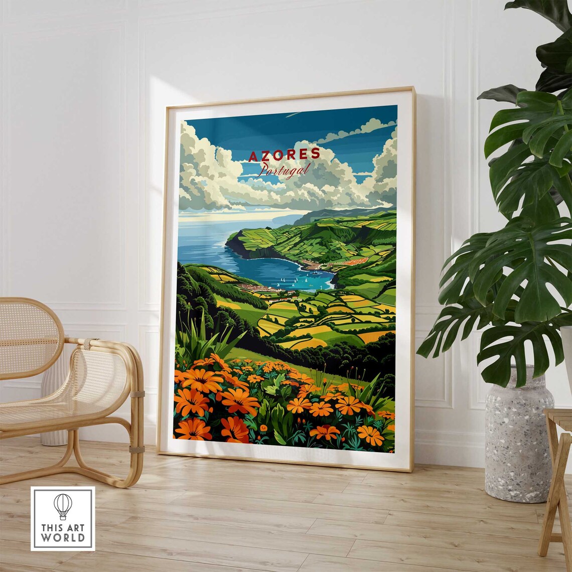 Azores Portugal Green Crater Valley Bay Orange Flowers View Poster - Image 2