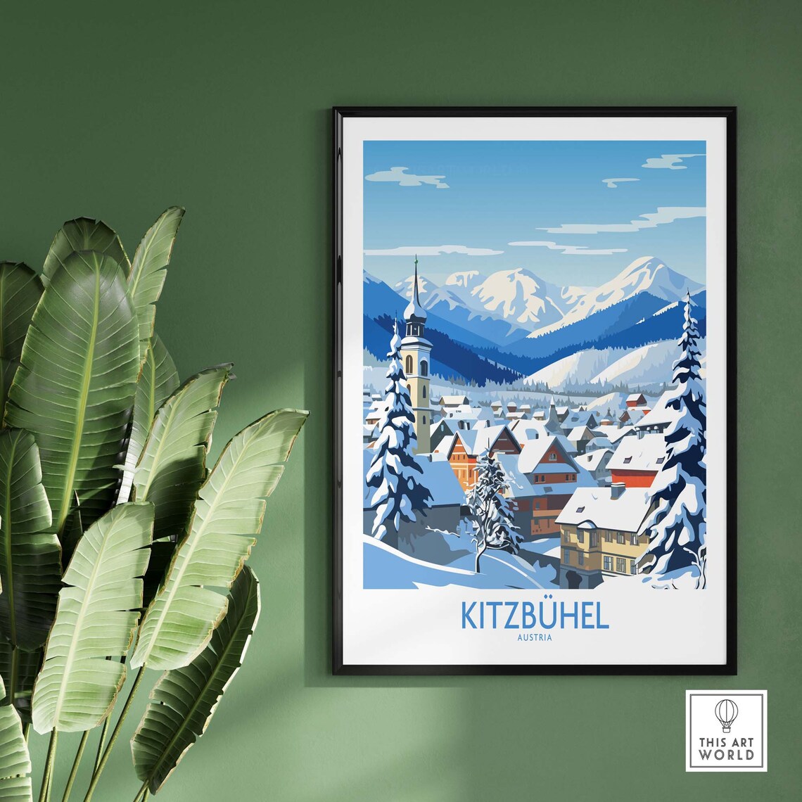 Retro Kitzbuhel Austria Snowy Village Church Winter Alps Poster - Image 2