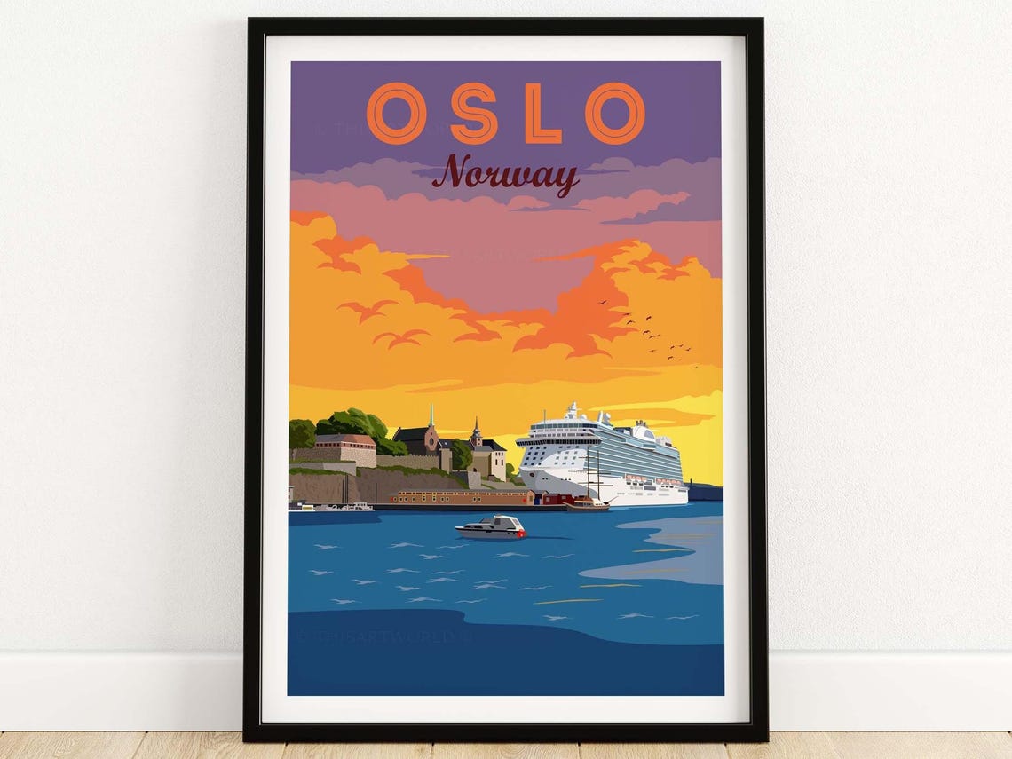 Oslo Norway Harbor Cruise Ship Sunset Sky Vintage Travel Poster