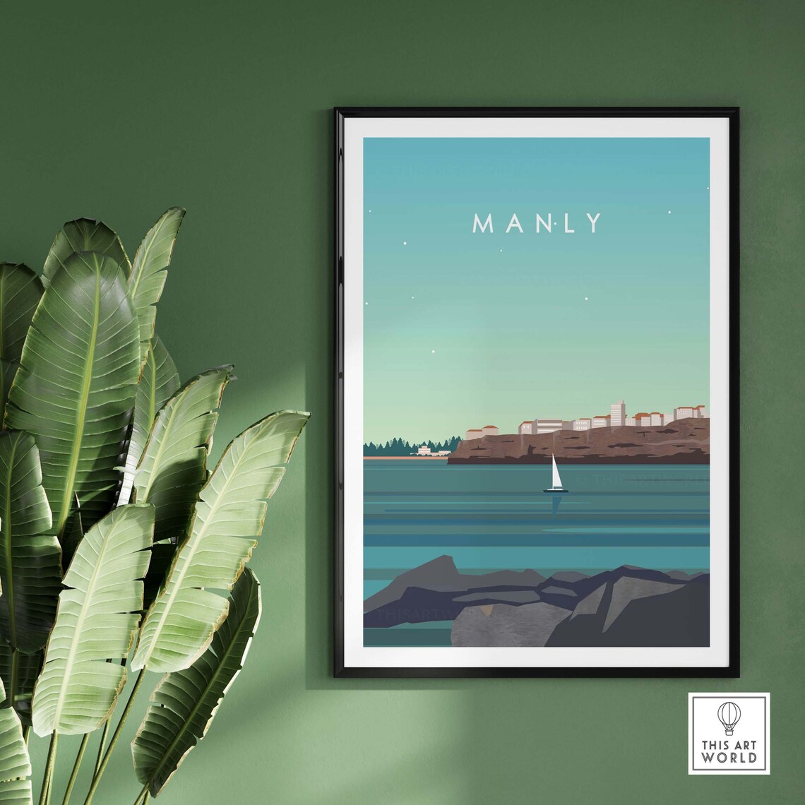 Manly Beach Sydney Minimalist Sailboat Sea Cliff Coast Travel Poster - Image 2