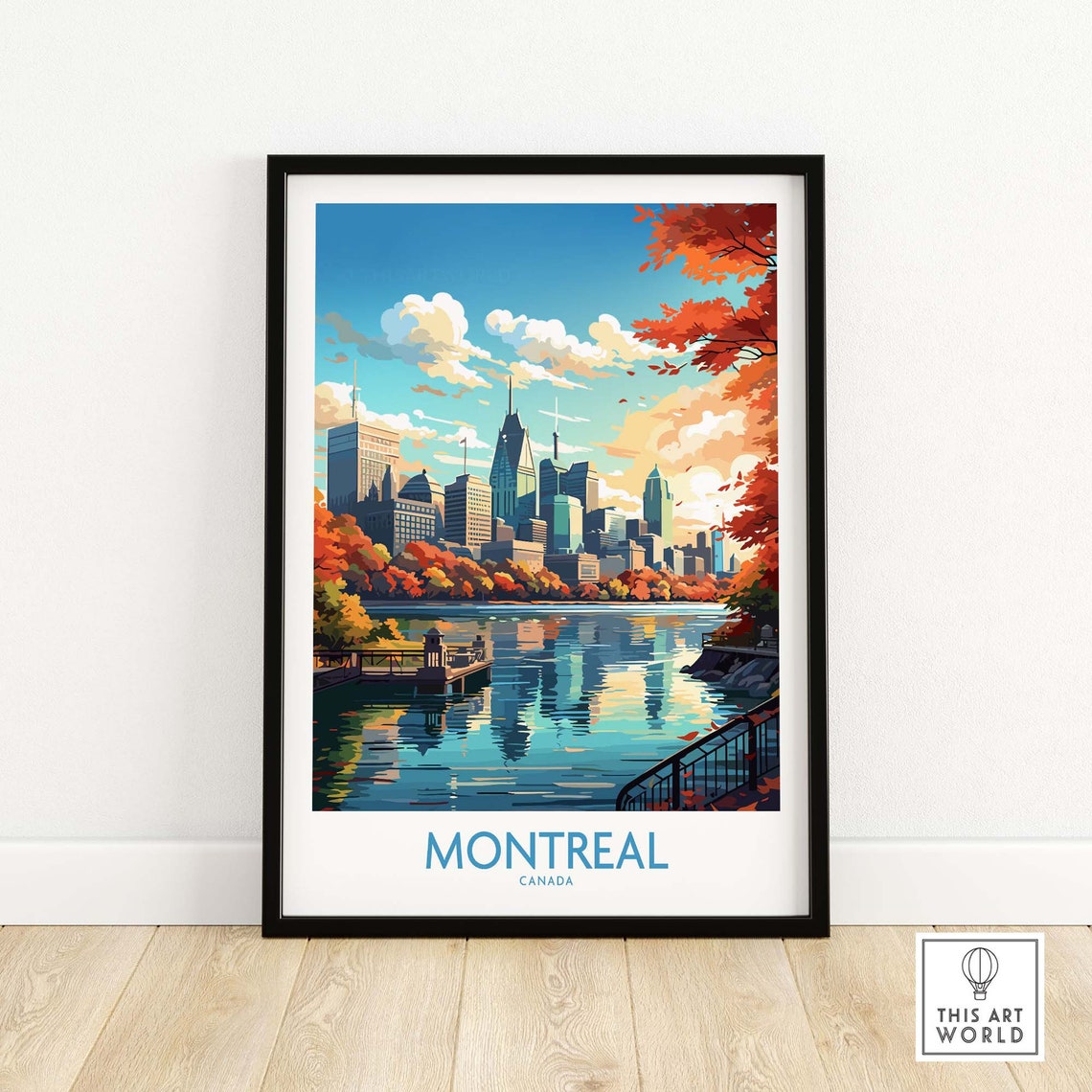 Montreal Autumn Skyline Reflective Lake Canada Travel Poster