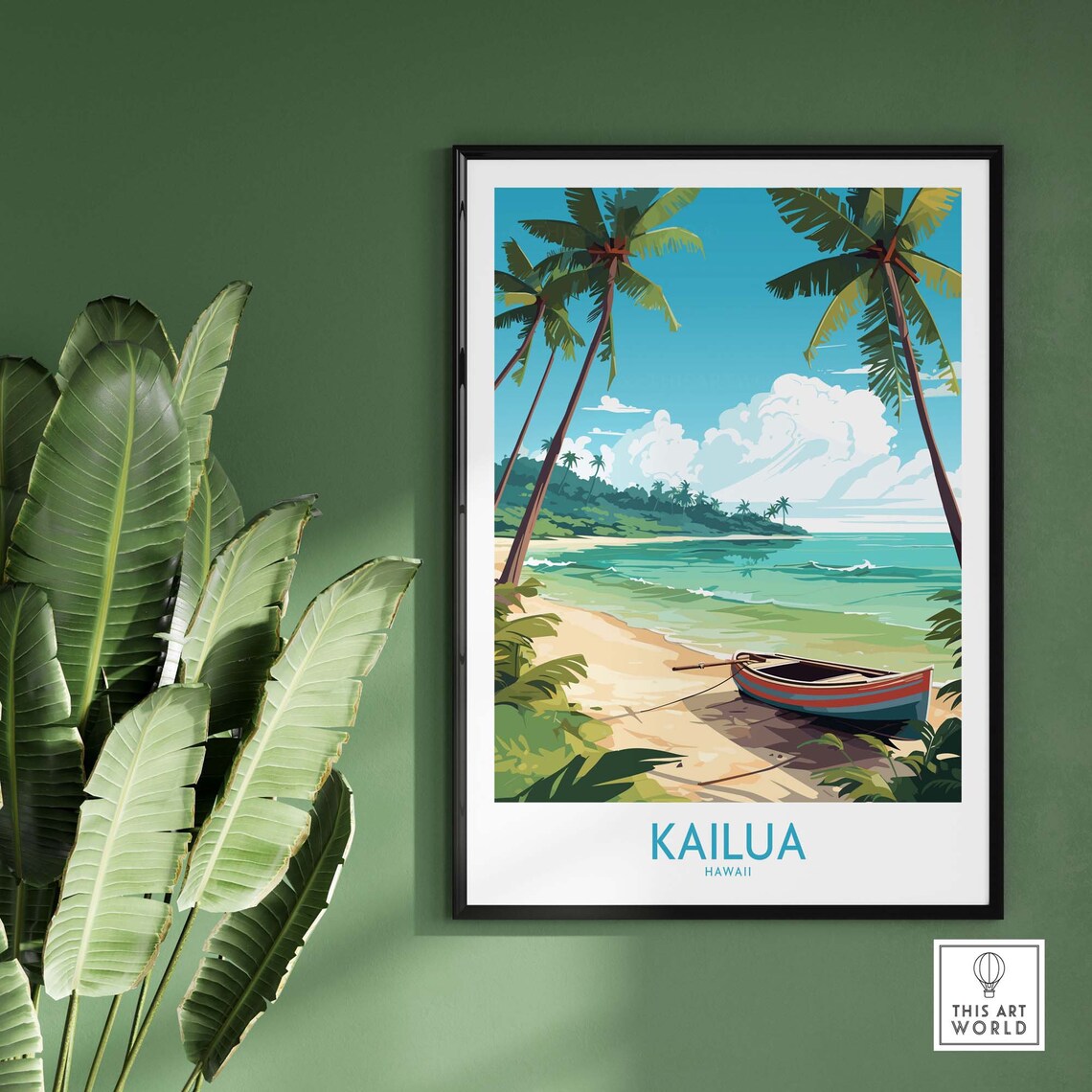 Kailua Hawaii Palm Beach Outrigger Canoe Tropical Travel Poster - Image 2