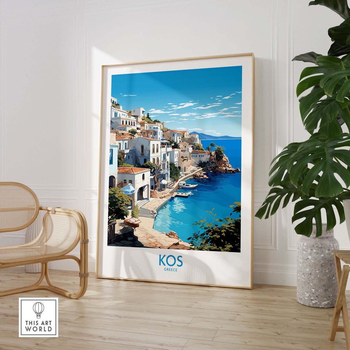 Kos Greece Whitewashed Hillside Town Turquoise Aegean Sea Poster - Image 3