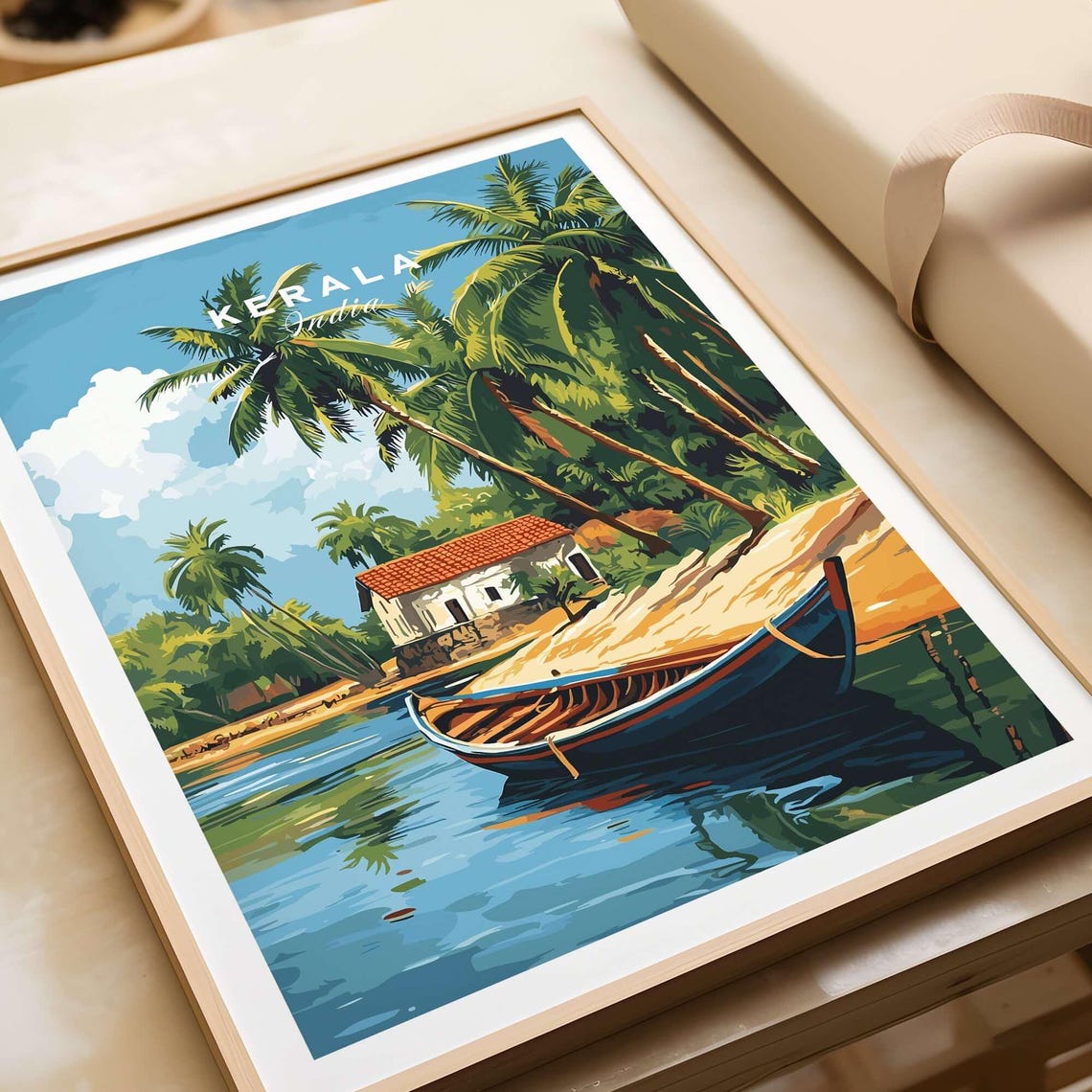 Kerala India Backwaters Palm Trees Wooden Boat Village Shore Poster - Image 4