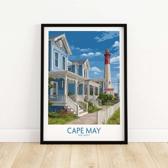 Cape May Shoreline Print Vintage Style New Jersey Travel Art Gift Lovers Illustration