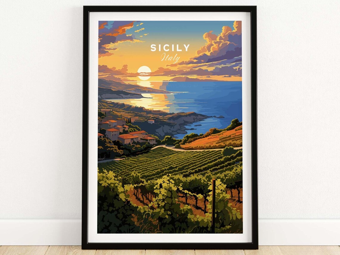 Sicily Italy Golden Sunset Vineyard Coast Vintage Travel Poster