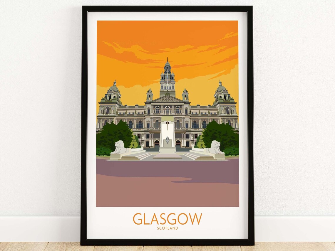 Glasgow Scotland City Chambers Golden Sunset Vintage Travel Poster