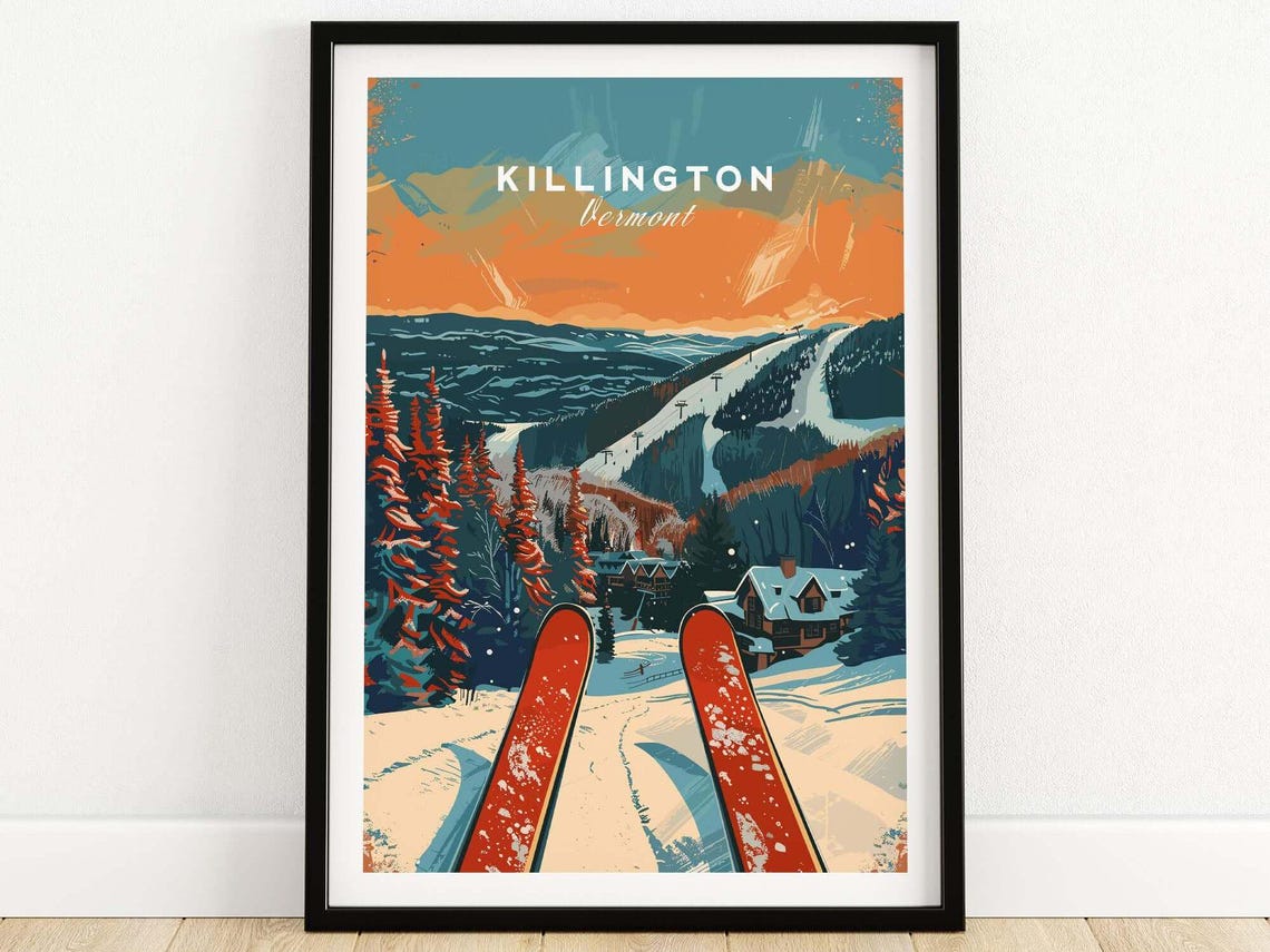 Killington Vermont Sunset Ski Poster With Red Skis and Cabins