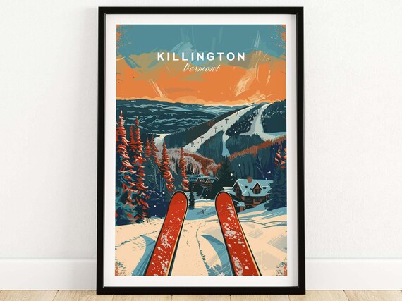 Killington Vermont Sunset Ski Poster With Red Skis and Cabins
