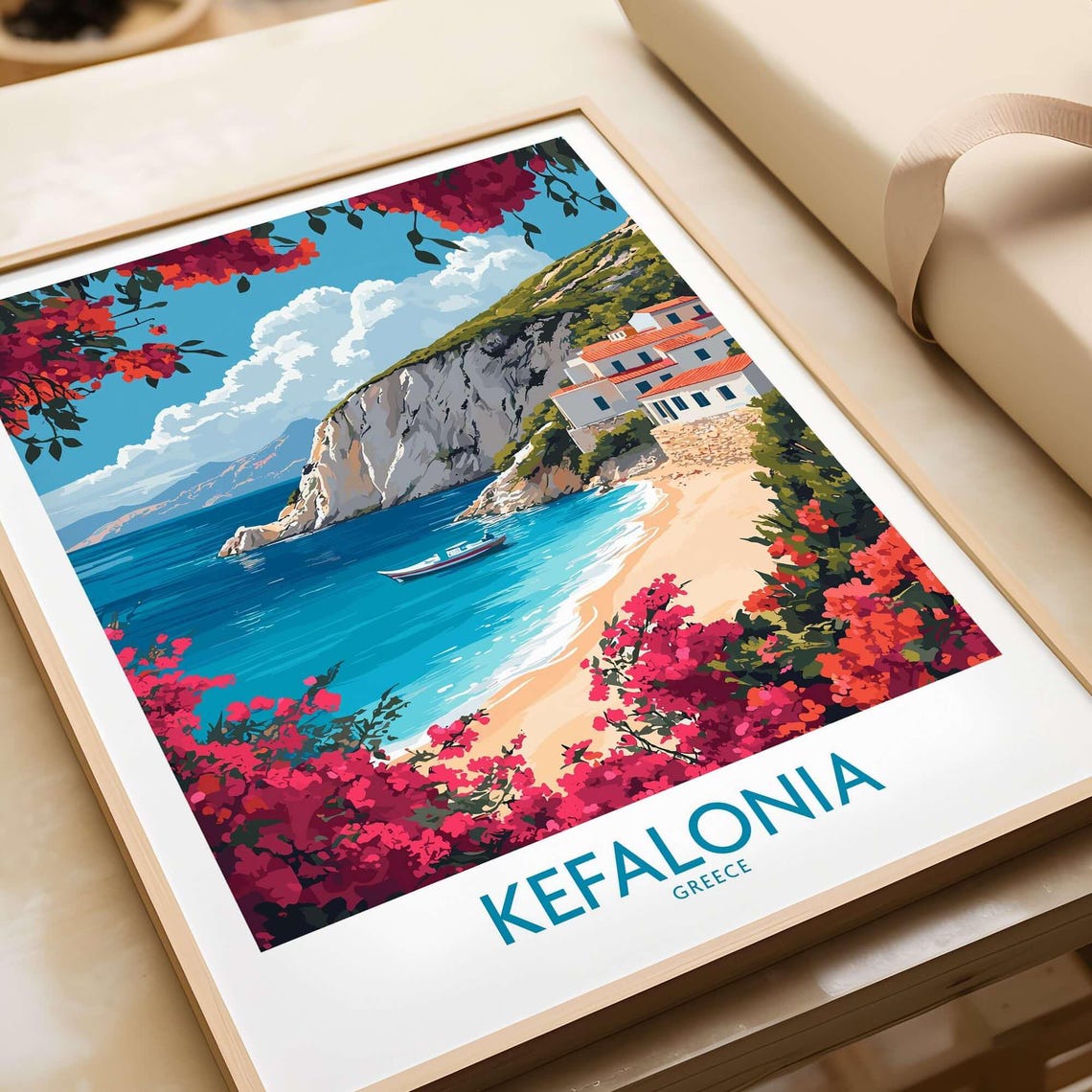 Kefalonia Greece Beach Cove Cliffs Bougainvillea Travel Poster
