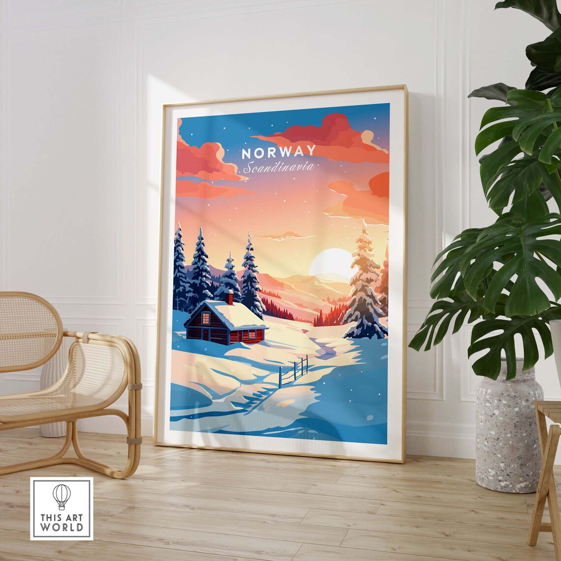 Norway Scandinavia Snowy Cabin Pink Sunrise Winter Art Poster - Image 3