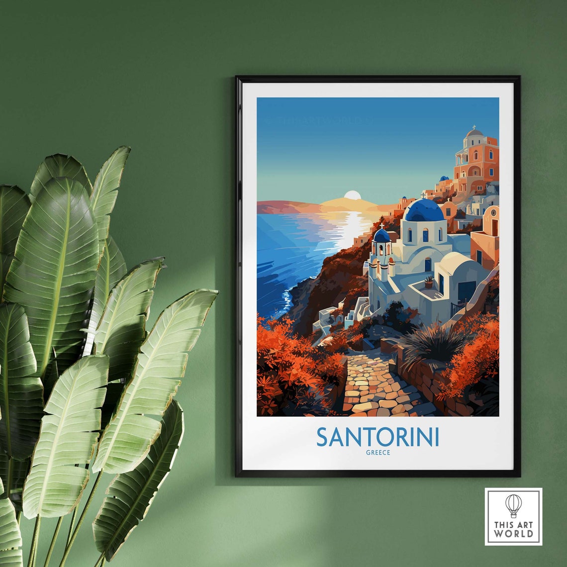 Santorini Greece Whitewashed Blue Domes Caldera Sunset Poster - Image 3