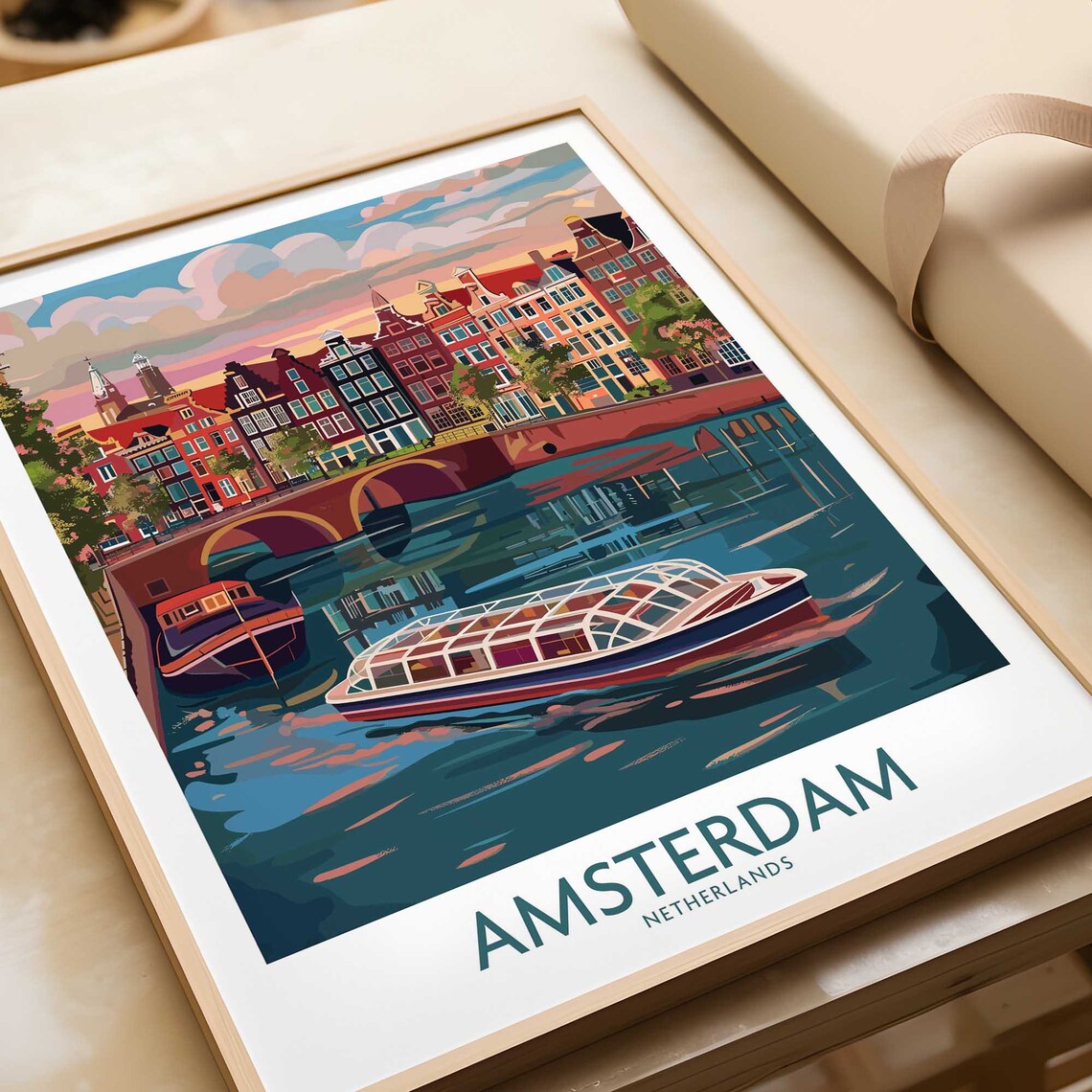 Amsterdam Netherlands Canal Boats Bridge Sunset Retro Travel Poster