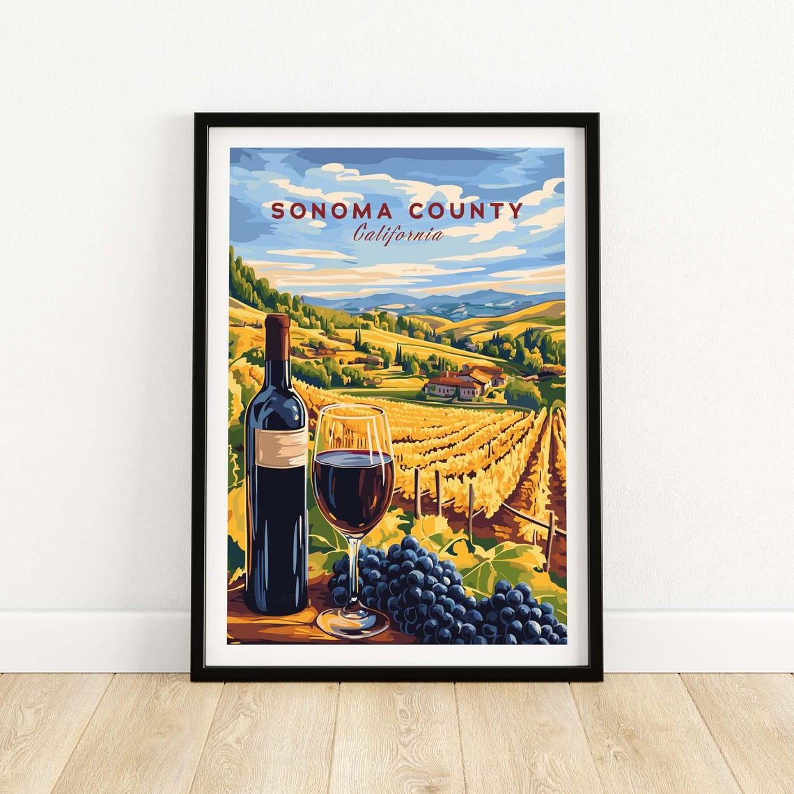 Sonoma County California Vineyard Hills Wine Bottle Glass Poster