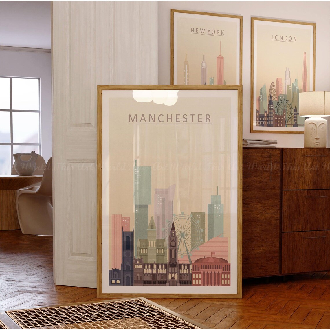 Manchester Skyline Travel Poster, Cityscape Wall Art - Image 2