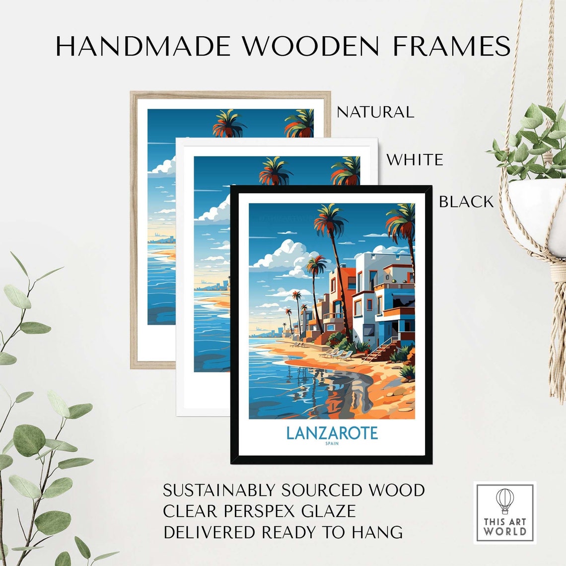 Lanzarote Spain Blue Beachfront Ocean Palms Summer Travel Poster - Image 4