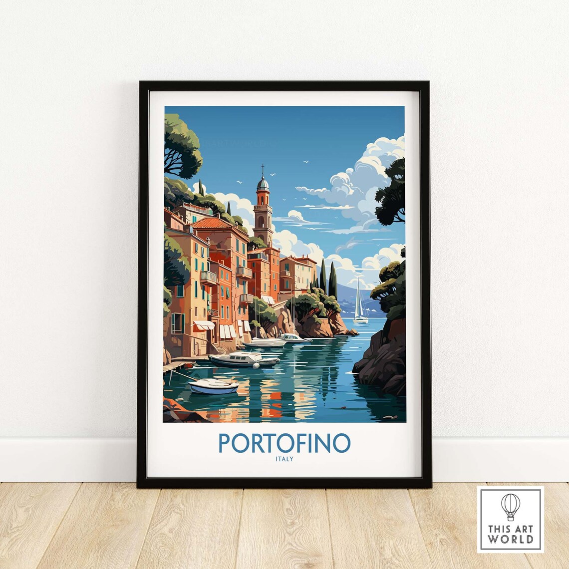 Portofino Italy Harbor Sailboats Bell Tower Coastal Travel Poster