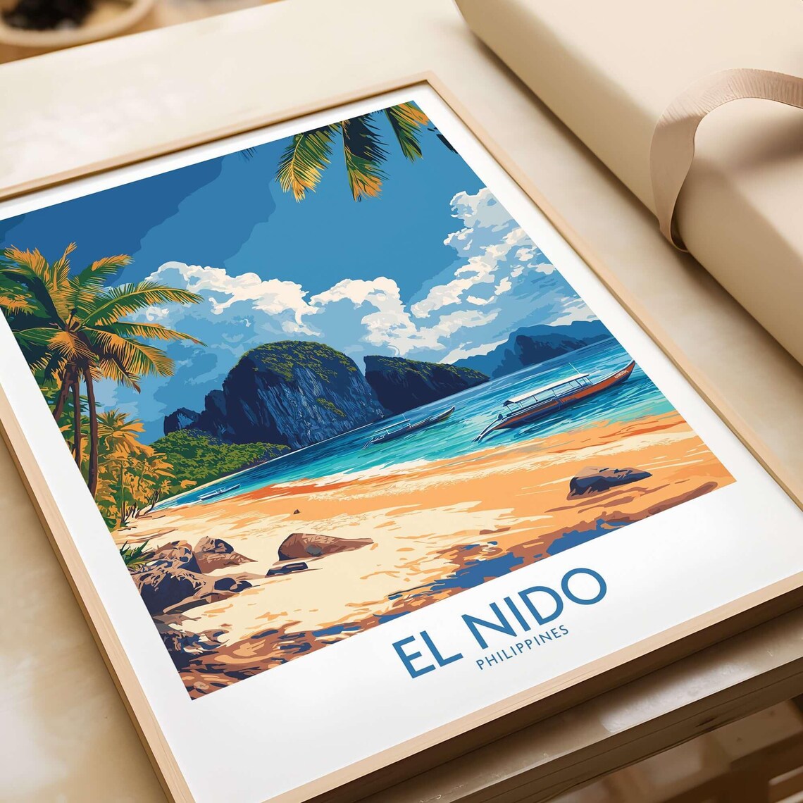 El Nido Philippines Karst Cliffs Tropical Beach Boats Travel Poster