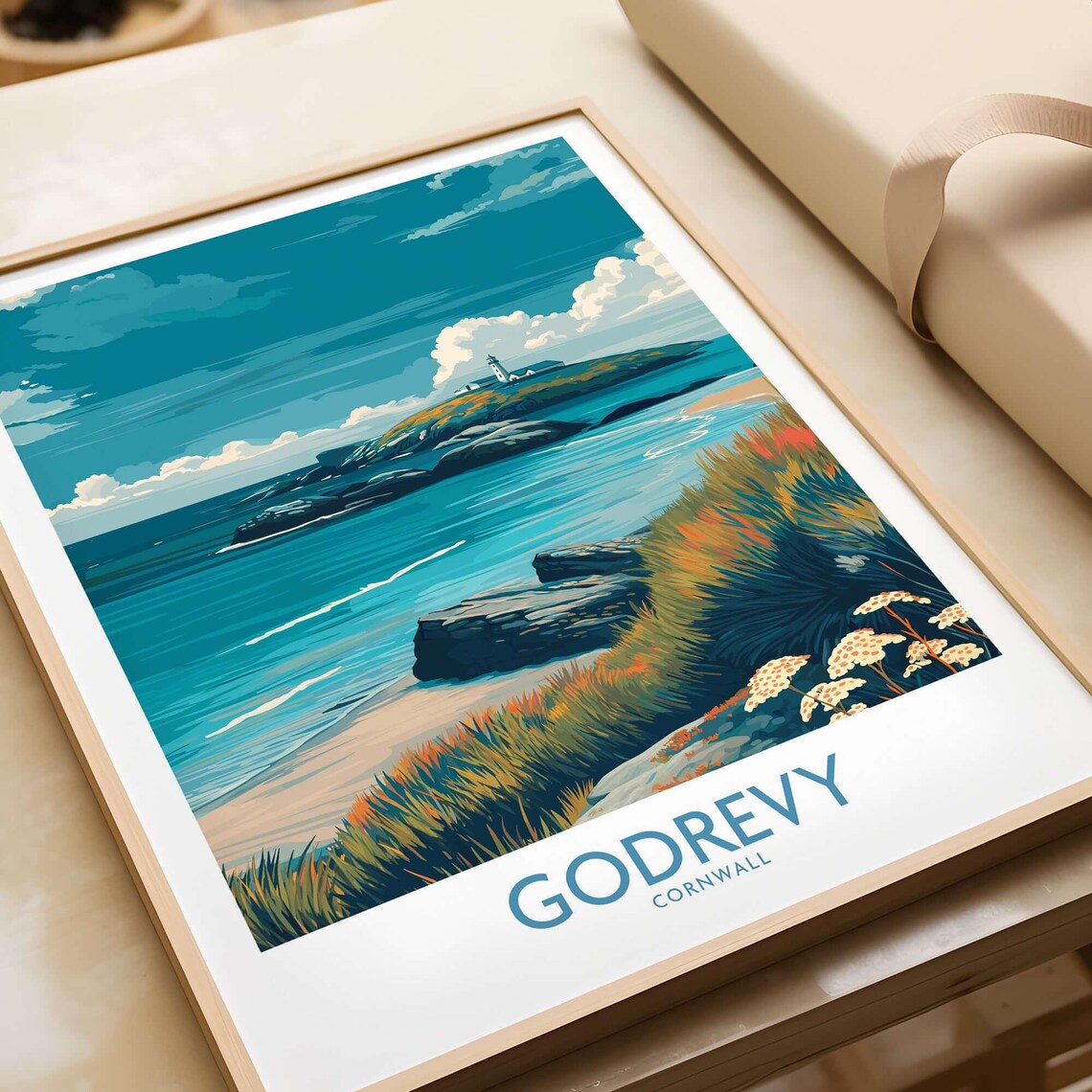 Godrevy Coastal Print, Cornwall Beach Travel Poster