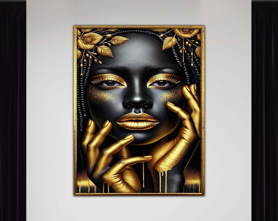 Canvas Wall Decor Golden Goddess Portrait Black And Gold Art Luxury African Beauty Ethnic Ready To Hang