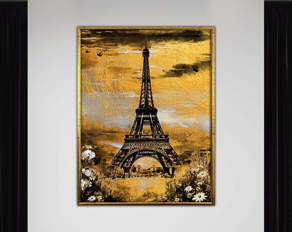 Extra Large Eiffel Tower Canvas Art Paris Cityscape In Gold Ready To Hang Poster Stunning French Decor Parisian Landscape Wall Print