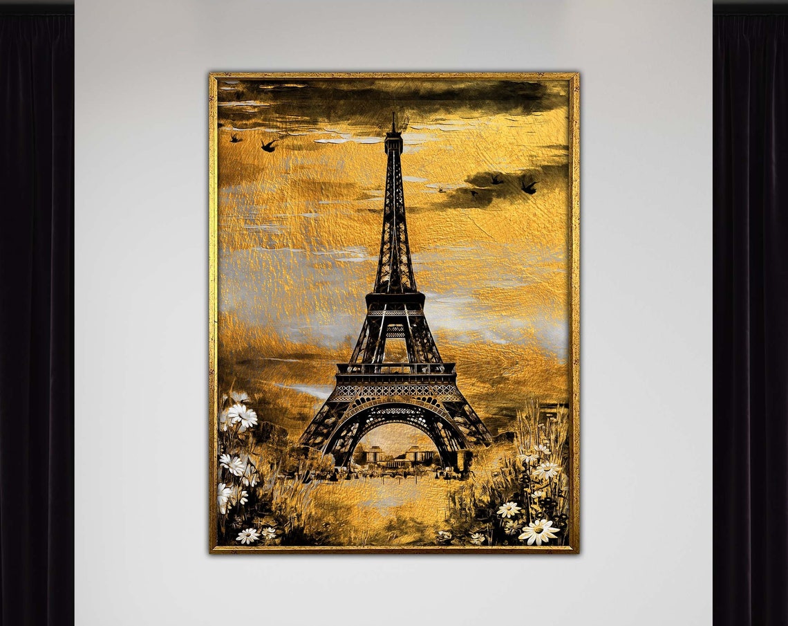Golden Eiffel Tower Paris Black And Gold Sky Dramatic Floral Wall Art