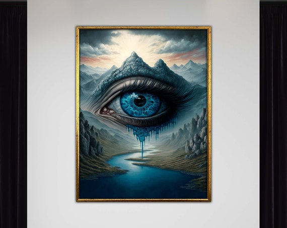 Surreal River Of Tears Flowing From Eyeshaped Mountainmystical 3d Illustrated Landscape Art On Canvas Nature And Emotion Fusion