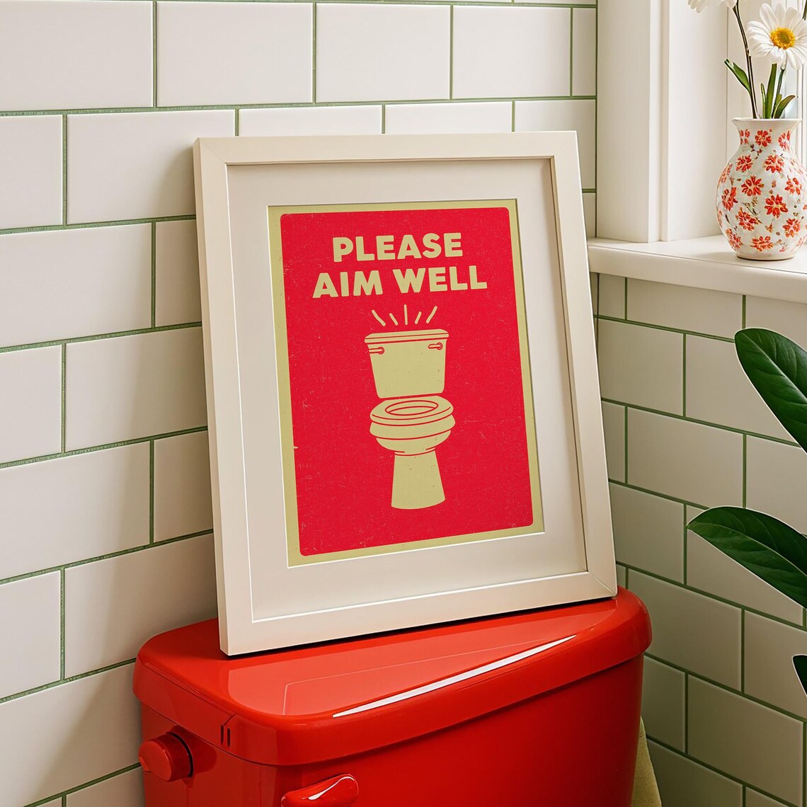 Please Aim Well Funny Toilet Bold Red Vintage Bathroom Sign Poster
