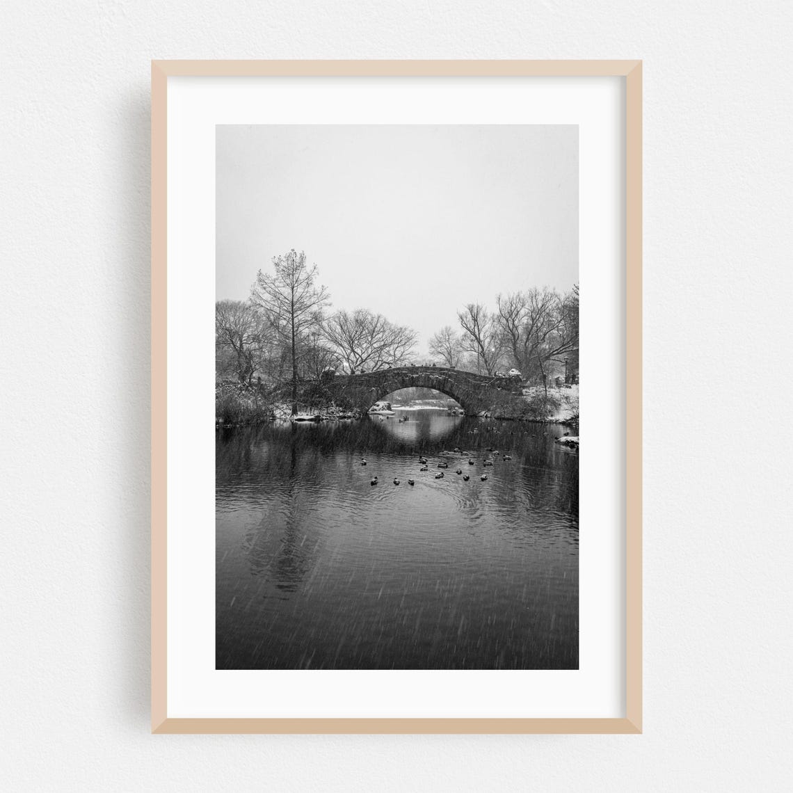 Central Park Gapstow Bridge Winter Snow Black White Photo Print