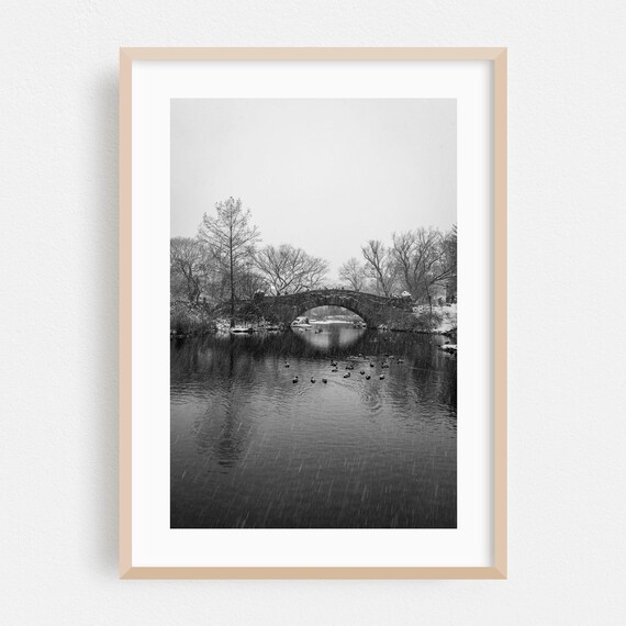 Central Park Gapstow Bridge Winter Snow Black White Photo Print