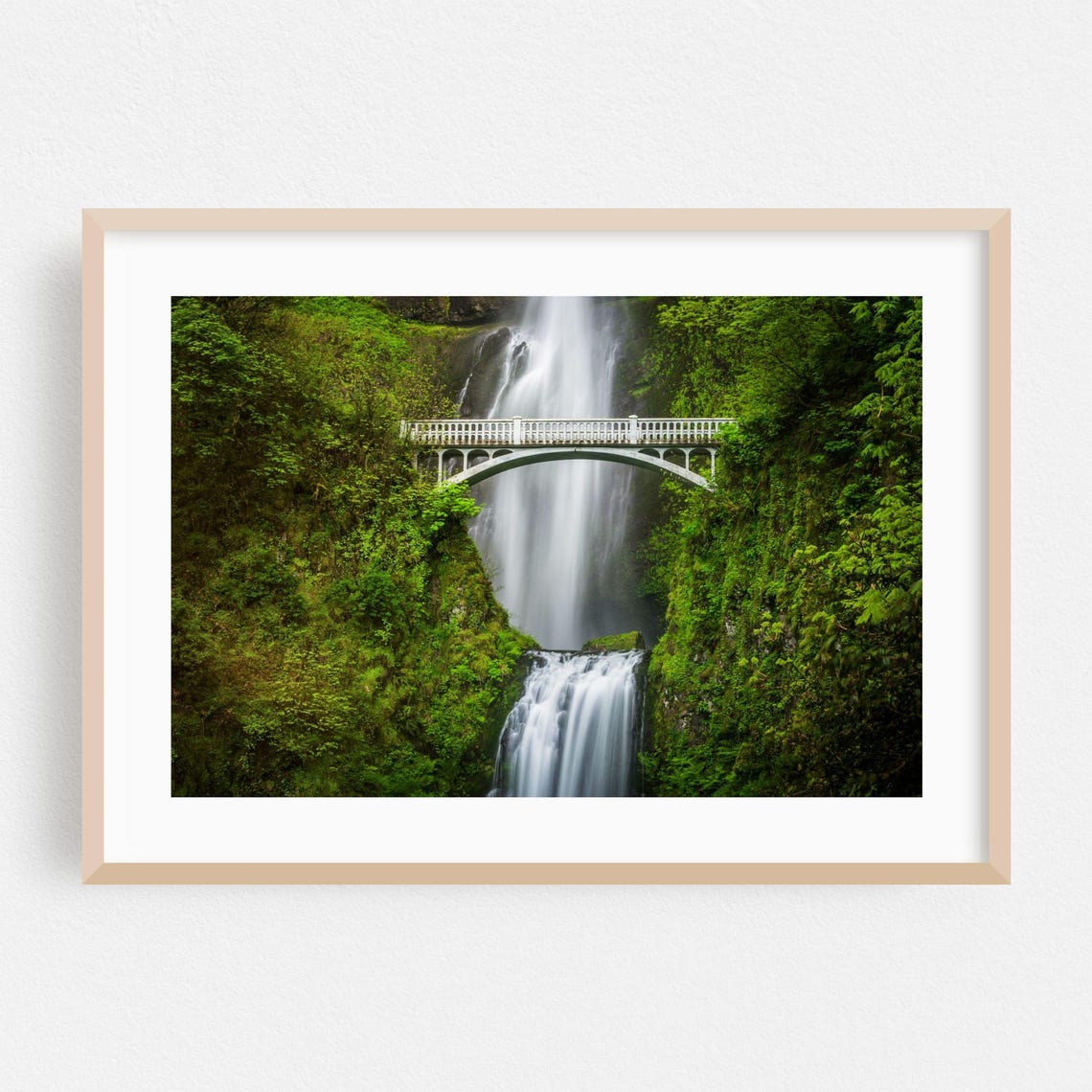 Oregon Multnomah Falls With Benson Bridge In Green Gorge Poster