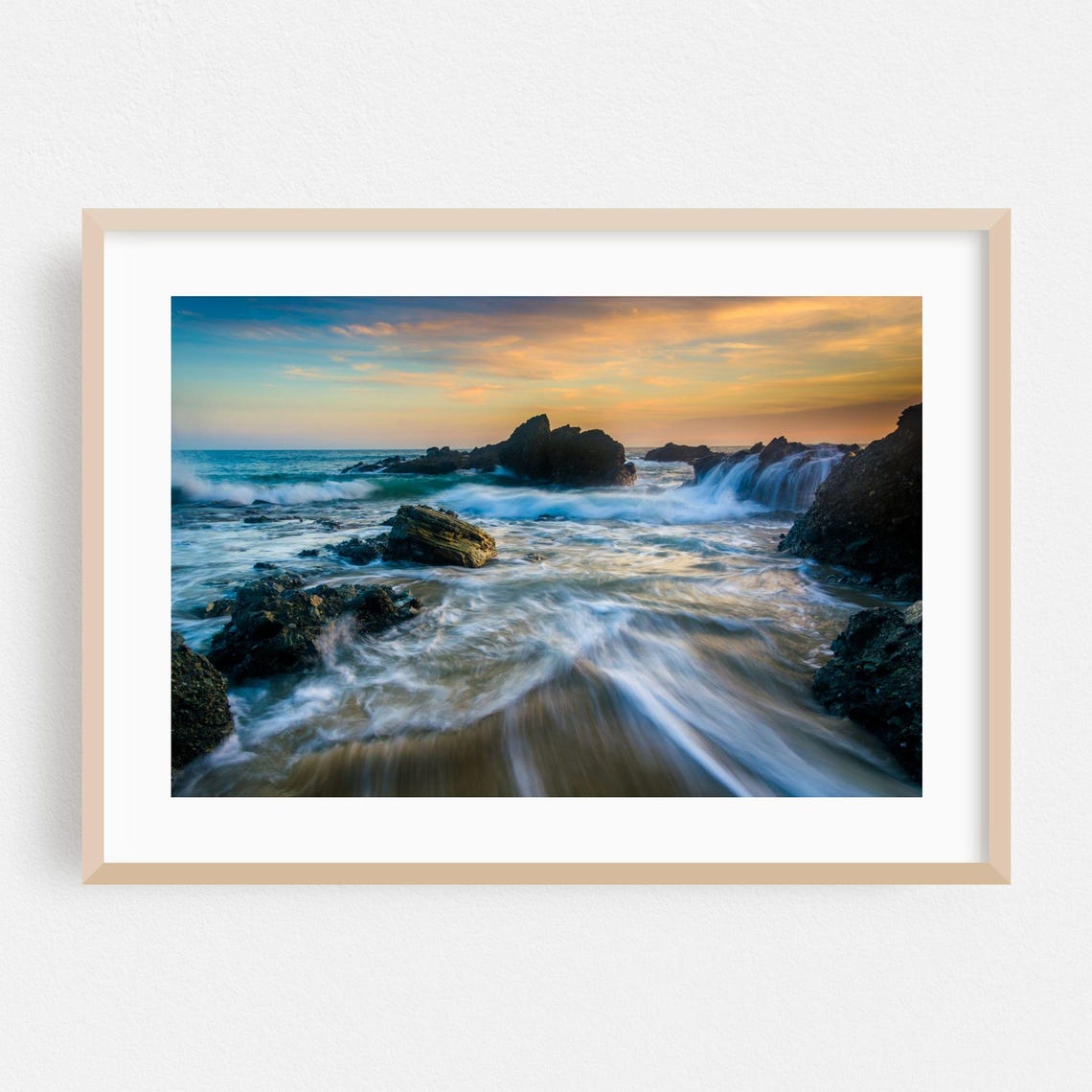Laguna Beach Sunset Ocean Waves Over Rocky Coast Photo Poster
