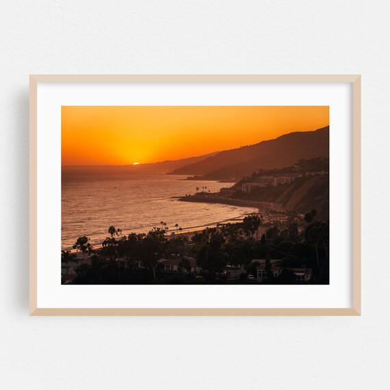 Los Angeles Coastal Sunset Orange Sky Cliffs Ocean Photography Poster