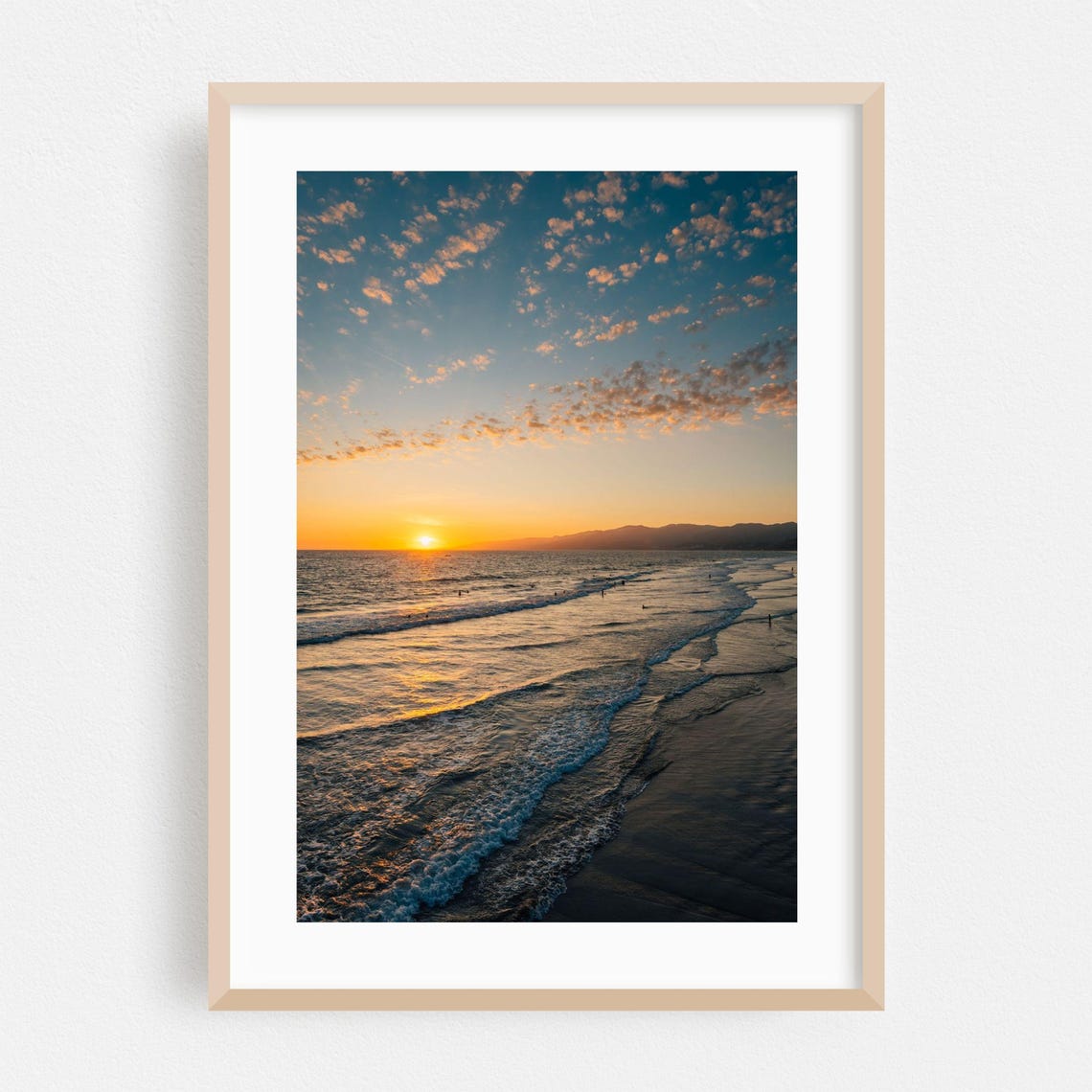Santa Monica Beach Sunset Golden Waves Pacific Ocean Coastal Poster