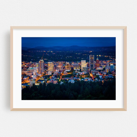 Portland Oregon Skyline Night Downtown Lights Panorama Poster