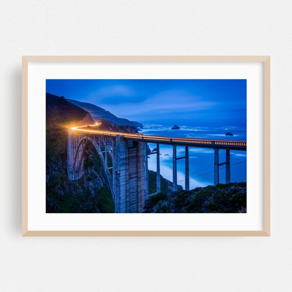 Big Sur Coastal Bridge at Blue Hour Light Trails Ocean Night Poster