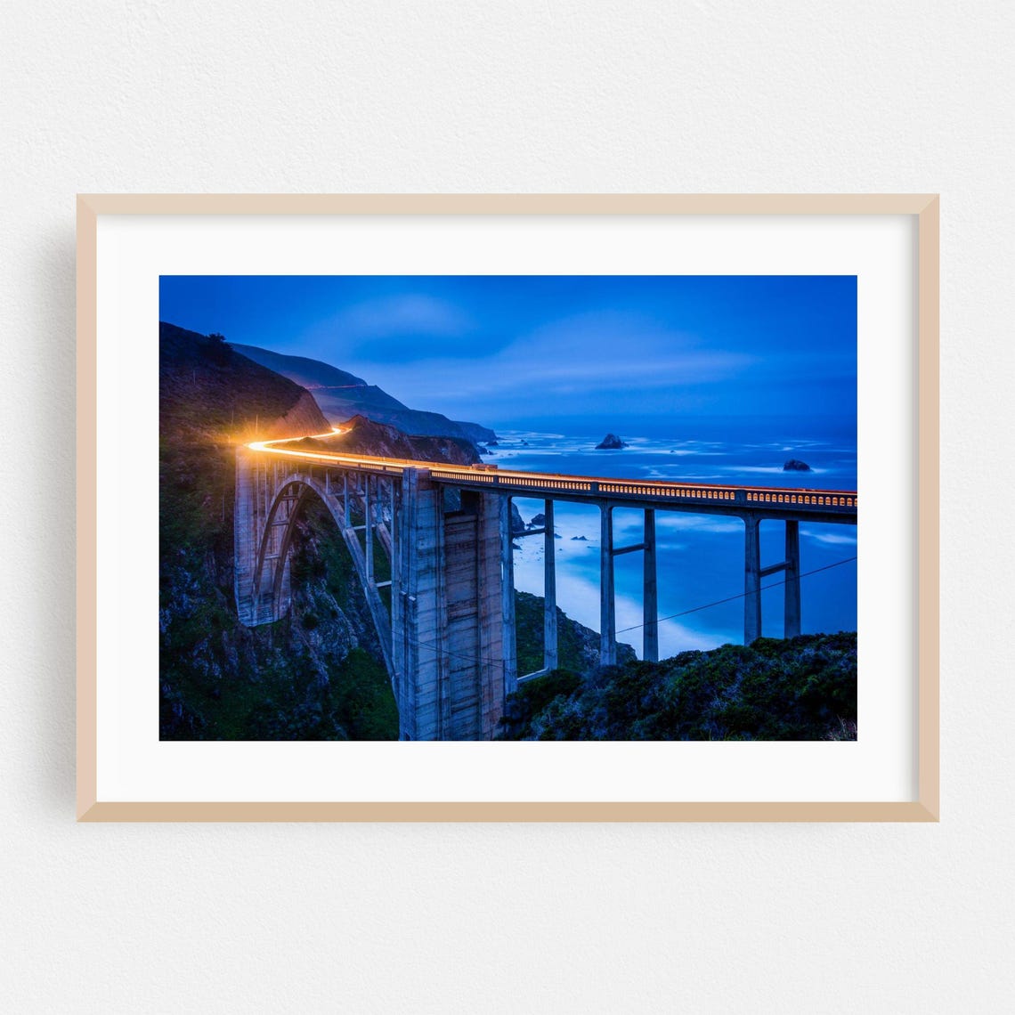 Big Sur Coastal Bridge at Blue Hour Light Trails Ocean Night Poster