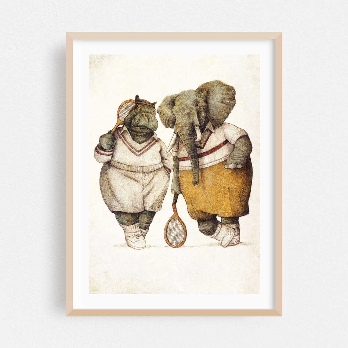 Gentlemen Of The Court Hippo And Elephant Tennis Funny Wall Art