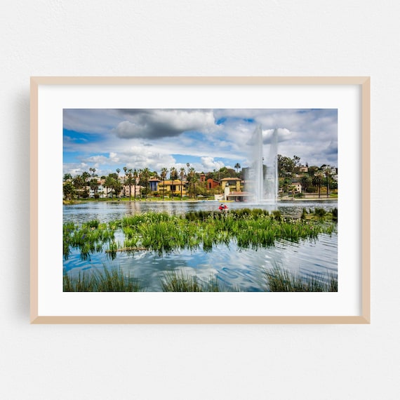Echo Park Lake Los Angeles Fountain and Palms Cityscape Poster