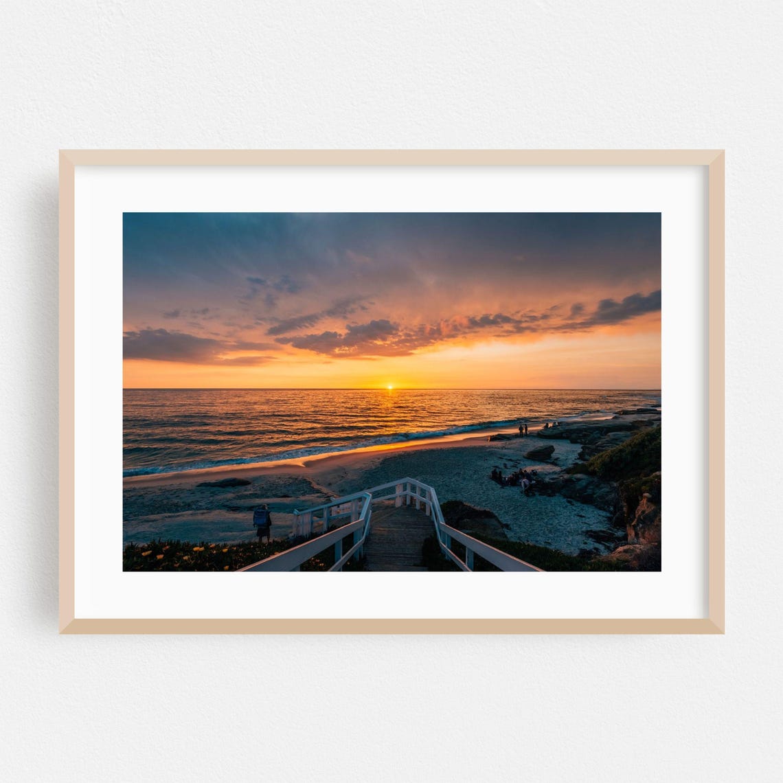La Jolla Beach Sunset Ocean Stairway Waves Golden Hour Photo Poster